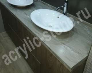 Фото Красивая столешница для ванной из искусственного камня с накладными керамическими раковинами Grandex
