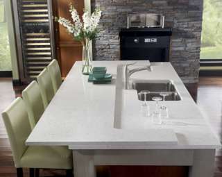 Белый кухонный стол из акрилового камня: фото