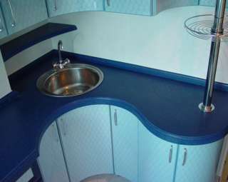 Фото Кухонная столешница в синем цвете с круглой раковиной