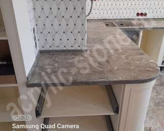 Фото Угловая радиусная столешница для кухни из искусственного камня LG HI-MACS с мойками нижнего монтажа
